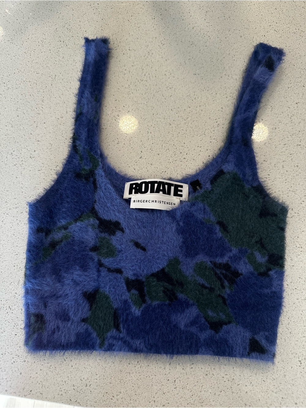 ROTATE Birger Christensen Blue Fuzzy Camouflage Crop Top